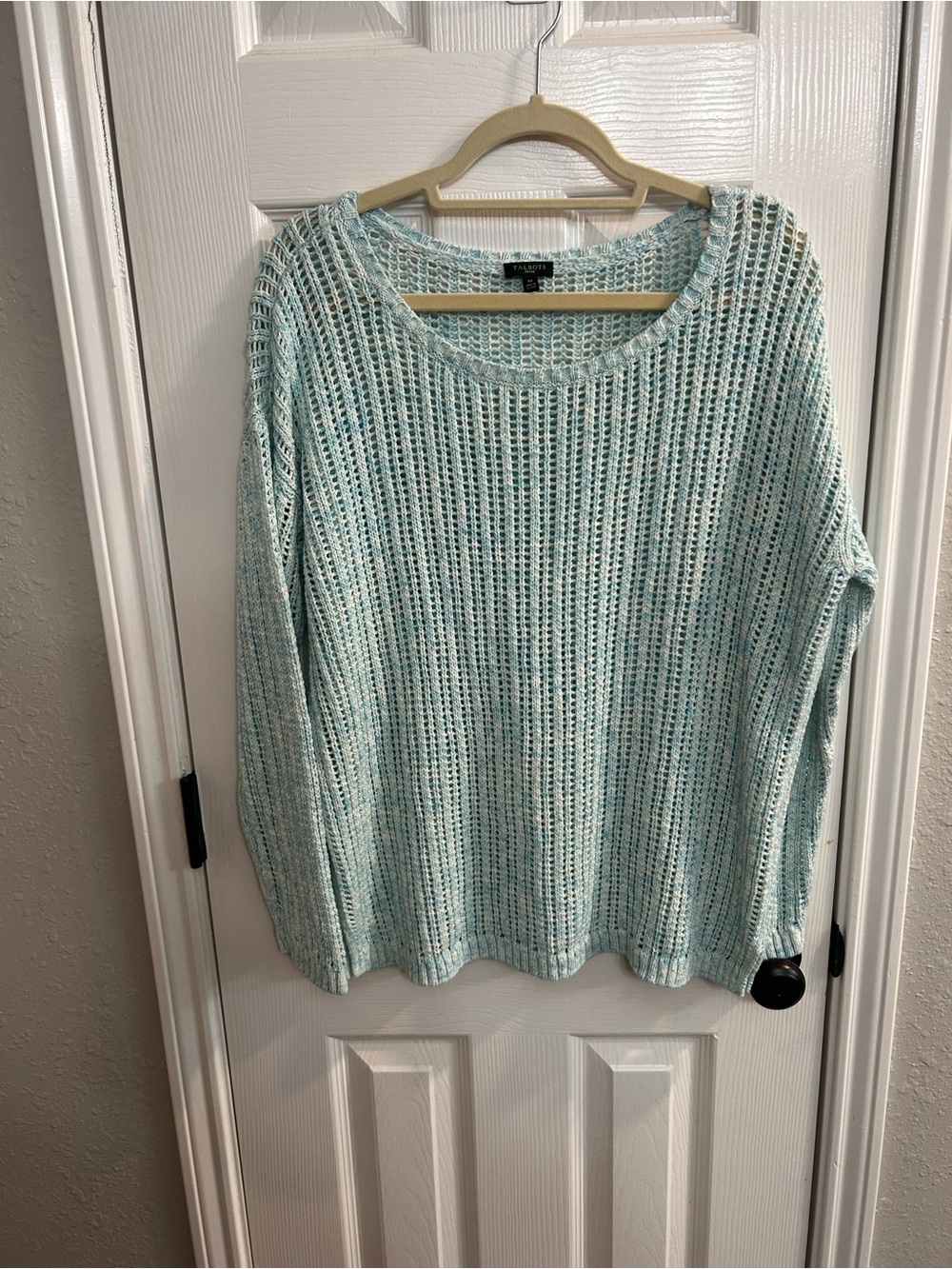 Talbots Petite L light Blue Open-Knit Lightweight Scoop Neck Pullover Sweater